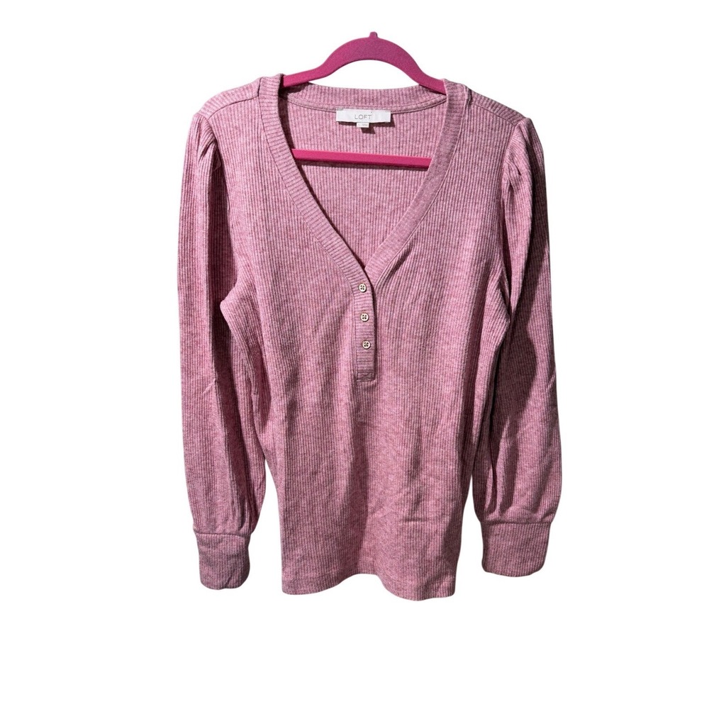 LOFT Women‎ Pink Ribbed Henley V-Neck Puff Sleeve Top Size L Mauve Long Sleeve